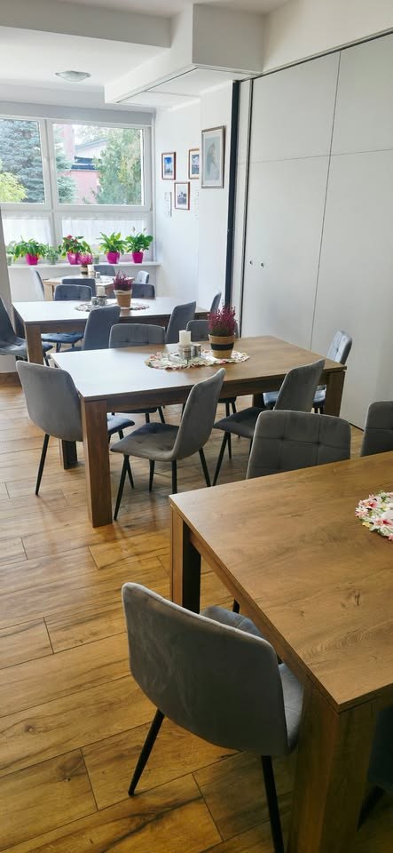 Jasna sala bistro z drewnianymi stołami, szarymi krzesłami i kwiatami na parapecie